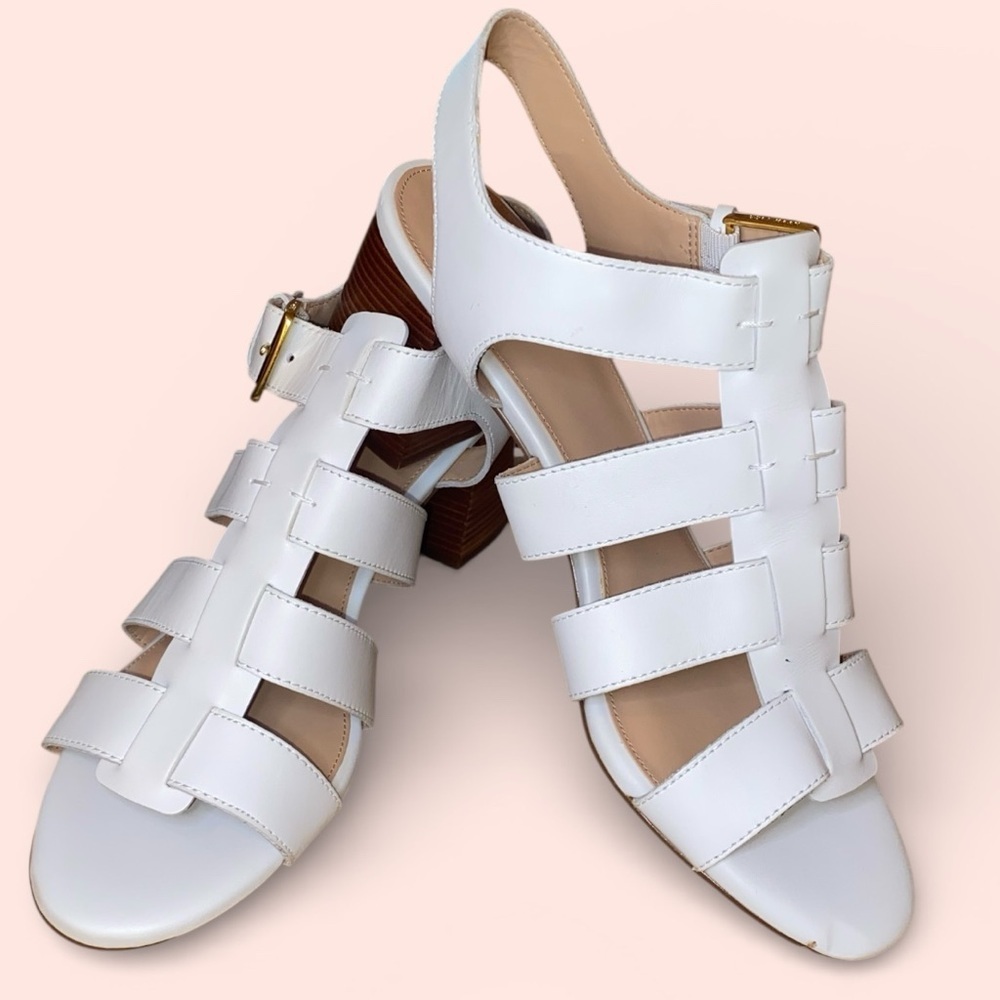 COLE HAAN Josie Fisherman Strappy Dress Sandals Block Heel White/Brown Size 11B